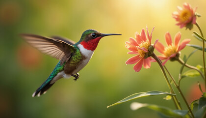wallpapers A vibrant hummingbird is seen hovering gracefully near beautiful flowers, showcasing its colorful plumage and delicate wings in a natural setting. AI generated