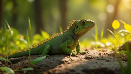 Obraz premium wallpapers A vibrant green lizard resting on a rock amidst lush greenery. The warm sunlight creates an enchanting atmosphere, showcasing the beauty of nature. AI generated