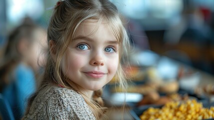 Young girl enjoying a vibrant meal at a bustling family gathering in a cozy dining setting. Generative AI