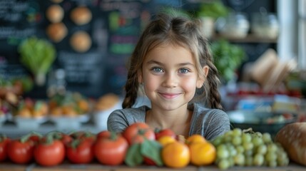 Bright-eyed girl enjoys fresh produce at a vibrant market filled with colorful fruits and vegetables. Generative AI