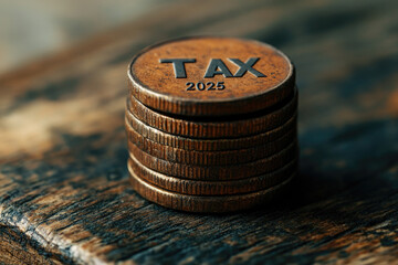 A stack of bronze coins engraved with the word 'TAX' and the year '2025' placed neatly on a rustic wooden table, symbolizing financial and tax planning for the future.