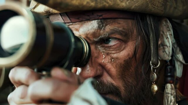 Life of a pirate: pirate, adorned in 17th-century attire, stands firm on deck of a ship as the Caribbean waves crash around him, embodying adventure, danger, desire for treasure in salty sea breeze.