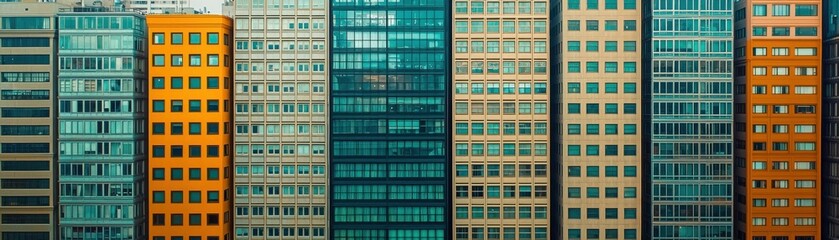 Obraz premium A vibrant array of modern high-rise buildings showcasing colorful facades and large glass windows, reflecting contemporary architectural design.