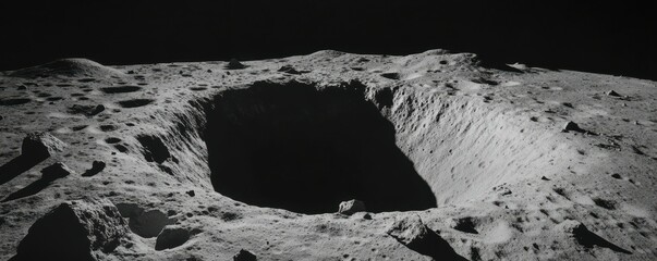 Huge cave, crater on the moon's surface, with rocks scattered around it and a dark hole at its center.