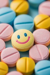 Close-up of colorful pills with a smiley face on one, in pastel colors, conveying a happy and cheerful mood.