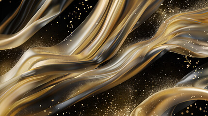  an abstract composition with flowing, wavy textures resembling liquid or silk The dominant colors are rich metallic tones, including gold and bronze, which create a sense of depth and luxury