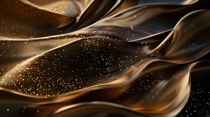  an abstract composition with flowing, wavy textures resembling liquid or silk The dominant colors are rich metallic tones, including gold and bronze, which create a sense of depth and luxury