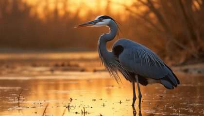 Naklejka premium wallpapers A stunning heron stands gracefully by the water's edge as the sun sets, casting a golden glow across the scene. AI generated.