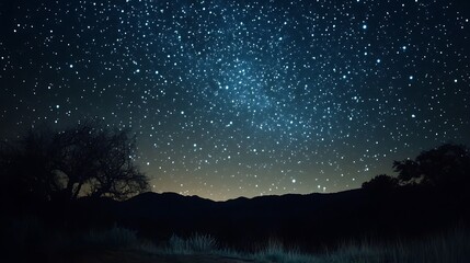 Fototapeta premium A starry night sky with twinkling stars over a silhouetted landscape.