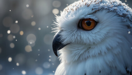 wallpapers A close-up of a snowy owl with striking amber eyes and soft feathers, surrounded by falling snowflakes in a mystical atmosphere. AI generated