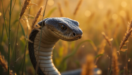 Fototapeta premium wallpapers A close-up view of a snake emerging from tall grass during sunset, showcasing its intricate patterns and colors in natural light. AI generated.
