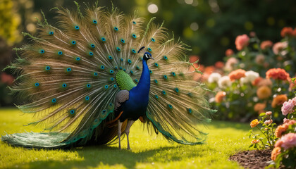 Obraz premium wallpapers A vibrant peacock showcasing its colorful feathers in a lush garden filled with blooming flowers. AI generated.