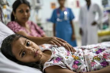 A biracial female doctor and a smiling girl patient are having a conversation in the hospital corridor.