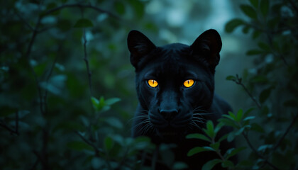 wallpapers A captivating image of a black panther with striking yellow eyes lurking in the shadows of a forest. AI generated