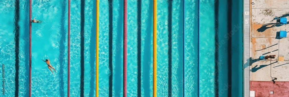 Poster top-down view captures a busy swimming pool with clear lanes filled with swimmers enjoying their tim