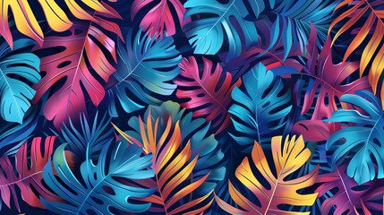 Vibrant tropical leaves in blue, pink, and yellow colors create a bold, modern pattern.