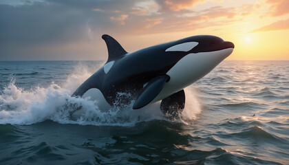 Fototapeta premium wallpapers An orca whale leaps dramatically out of the ocean against a stunning sunset backdrop, showcasing the beauty of marine life in their natural habitat. AI generated.
