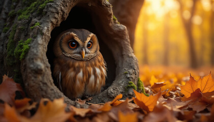 wallpapers A captivating image of an owl peeking from a tree hollow amidst vibrant autumn leaves and soft sunlight. AI generated.