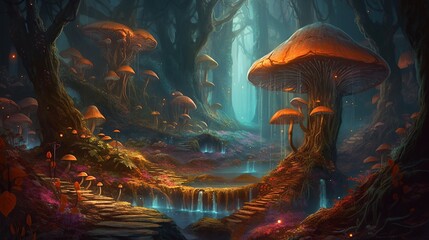 Enchanting Forest Pathway With Giant Mushrooms And Waterfalls