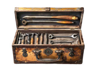 a wooden box with tools in it