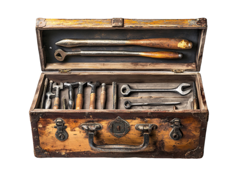 a wooden box with tools in it