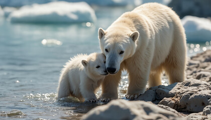 wallpapers A serene image of a polar bear and its cub standing by the water's edge, showcasing their bond in a natural setting. AI generated.
