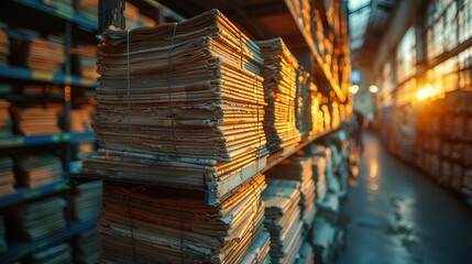 Obraz premium Files neatly stacked on shelves basking in golden sunset light inside an archive room. Generative AI