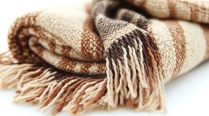 Obraz premium A folded blanket with beige and brown stripes and fringes.