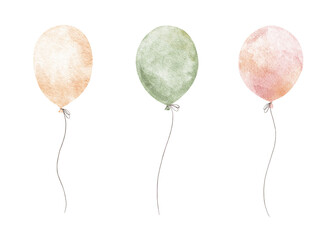 Colorful balloons Set. Attributes, decoration for holiday. Hand drawn watercolor collection of...