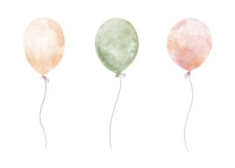 Colorful balloons Set. Attributes, decoration for holiday. Hand drawn watercolor collection of Isolated illustrations. Clipart for Valentine's card, poster, Birthday party, baby shower,children's room