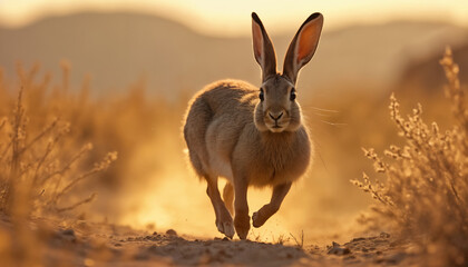 Obraz premium wallpapers A serene image of a rabbit running through a desert landscape during sunset, showcasing nature's beauty. AI generated.