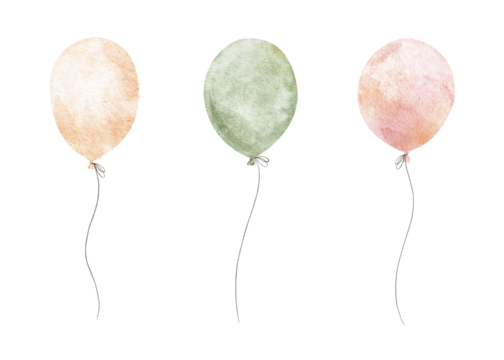 Colorful balloons Set. Attributes, decoration for holiday. Hand drawn watercolor collection of Isolated illustrations. Clipart for Valentine's card, poster, Birthday party, baby shower,children's room