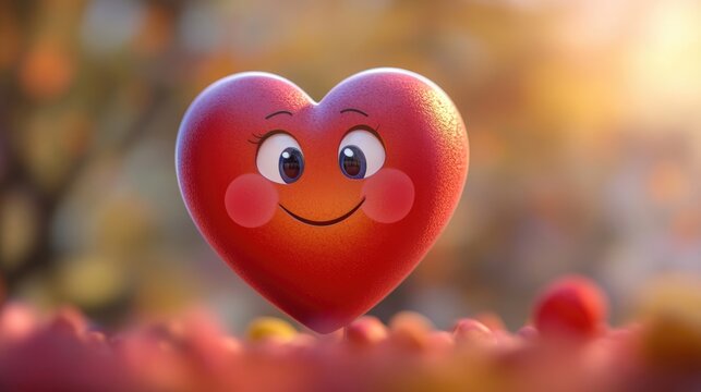 A whimsical cartoon-style heart with cute facial features, set against a playful background.