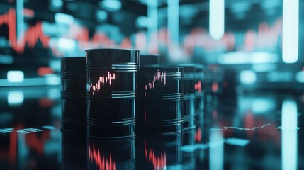 Oil barrels and stock market graph reflecting fuel price trends and oil market volatility.