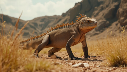 wallpapers A uniquely designed dragon lizard standing among dry grass and mountains, showcasing its vibrant features and stunning environment. AI generated