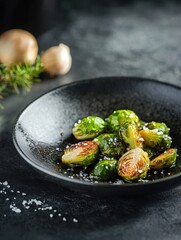 A close-up of saut?ed Brussels sprouts on a black plate, garnished with salt.