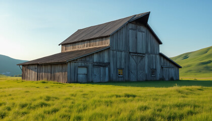 Obraz premium wallpapers A picturesque rustic barn stands in a vibrant green meadow under a clear blue sky. Perfectly captures the essence of rural tranquility. AI generated