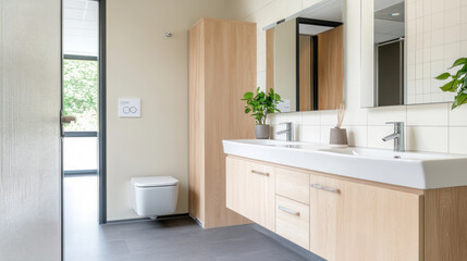 Minimalist contemporary toilet with natural light and green accents