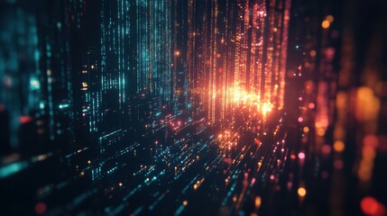 Optical data concept depicted by abstract glowing lines on a dark background. The high speed, vast capacity data transmission enabled by optical fiber technology in today's digital age.