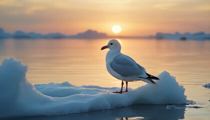 wallpapers A serene scene of a seagull standing on a piece of ice with a beautiful sunset reflecting on calm waters. AI generated