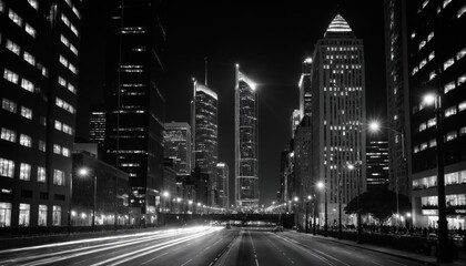 Naklejka premium Black and white cityscape showing towering buildings and street lights in a dramatic, high-contrast composition