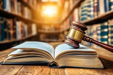 Gavel and Law Book in Library Setting.