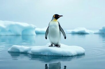 environmental awareness, ecology concept, climate change impact. alone penguin standing on melting ice floe caused by global warming, surrounded by open blue water on north pole.
