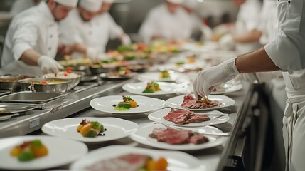 Chefs preparing gourmet dishes in a busy restaurant kitchen