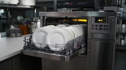 Industrial dishwasher showing clean plates in restaurant kitchen
