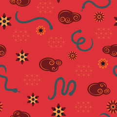 Obraz premium Trendy seamless pattern with snakes. Chinese new year. Vector illustration, flat style.