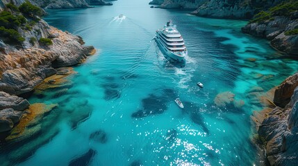 Obraz premium Cruise ships sail through the sparkling turquoise waters of a secluded coastal cove during a sunlit afternoon. Generative AI
