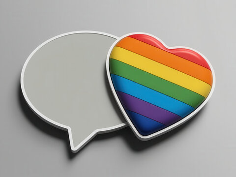 3d illustration of rainbow pride heart shape placed on blank chat bubble, symbolizing pride month and communication