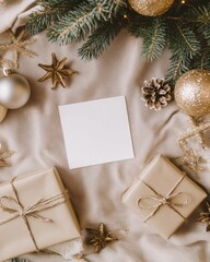 Obraz premium Flatlay Christmas Mockup Blank Card with Gifts and Ornaments