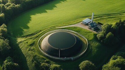 Modern biogas plant in a lush green field, representing sustainable energy production and eco-friendly technology.